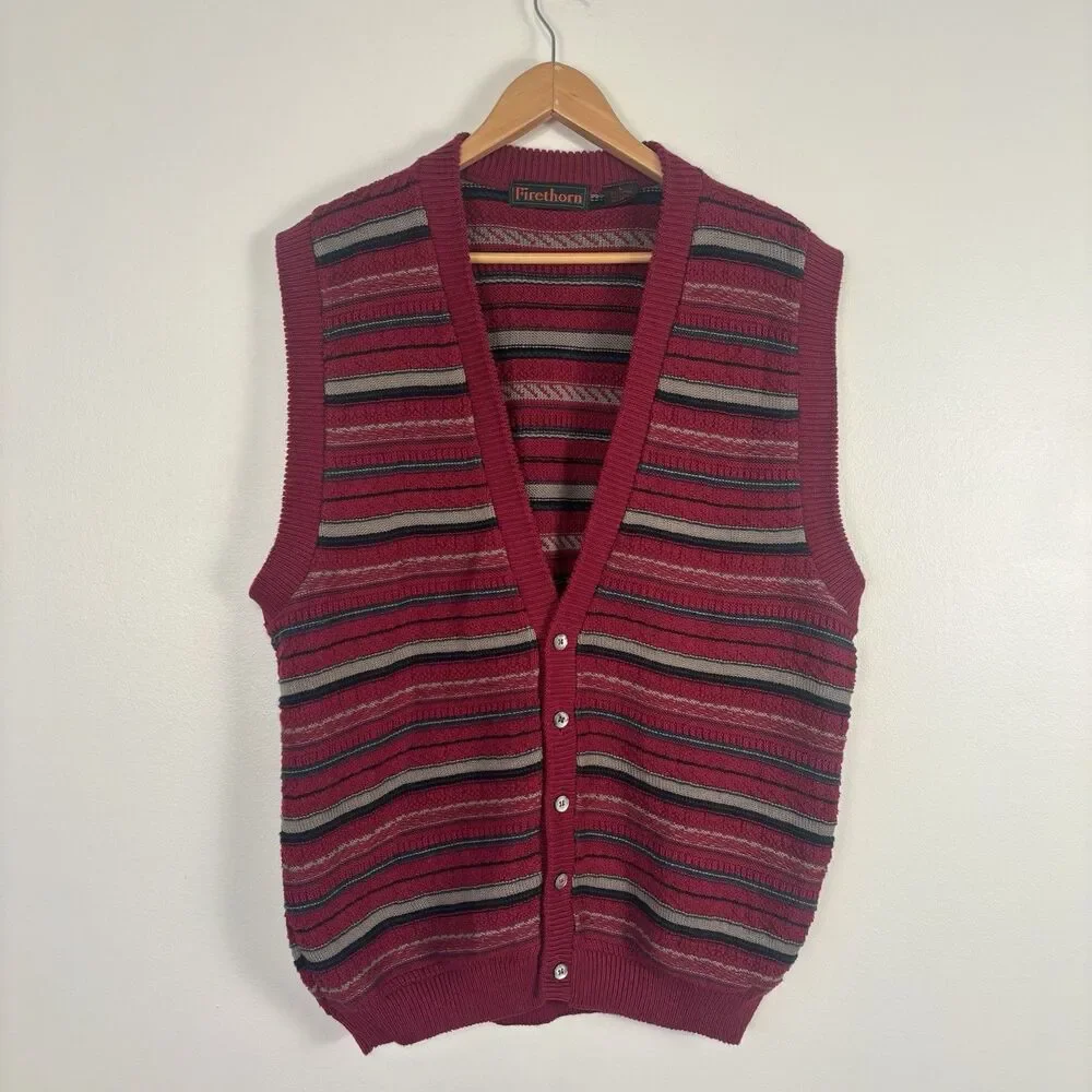 VTG 90s Firethorn Mens L Sweater Vest Red Striped Cotton Made in USA Grandpacore